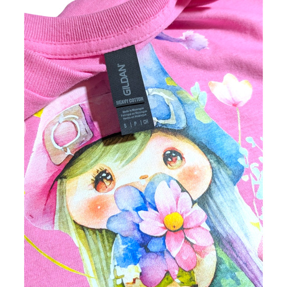 Cute - Gnome with Flowers - Graphic Tee - Pink - Size S - NWOT All Genders - Picture 6 of 7